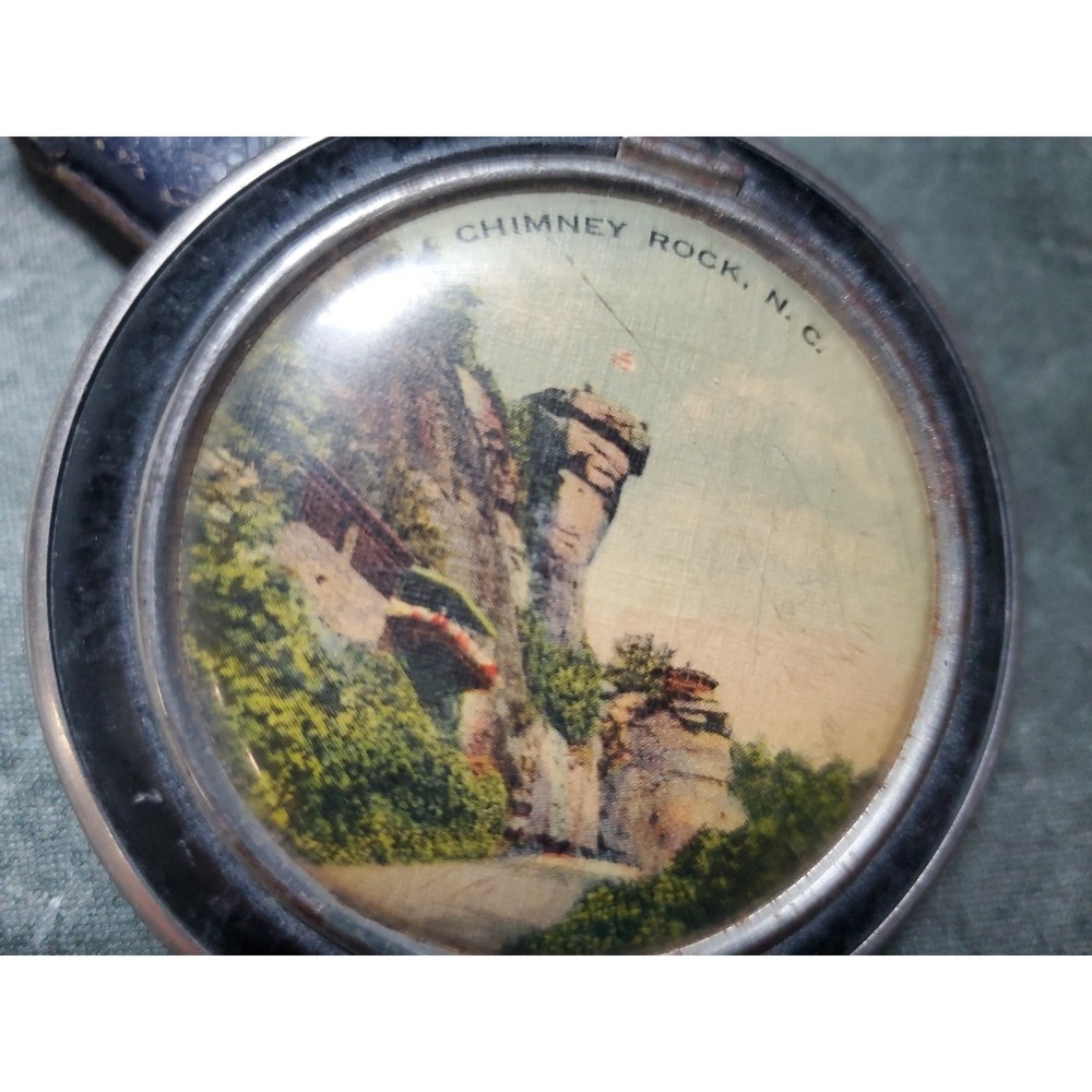 Vtg 50s Souvenir Compact Mirror Loose Powder and Puff Chimney Rock NC Read Wear